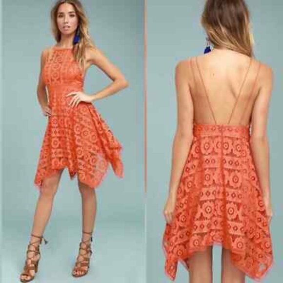 Free People Just Like Honey Orange Lace Mini Sleeveless Dress SZ 0 EUC - Picture 1 of 16